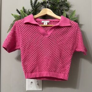 ✨PINK PONY CLUB✨Pink Crochet Short Sleeve Crop Top Size M